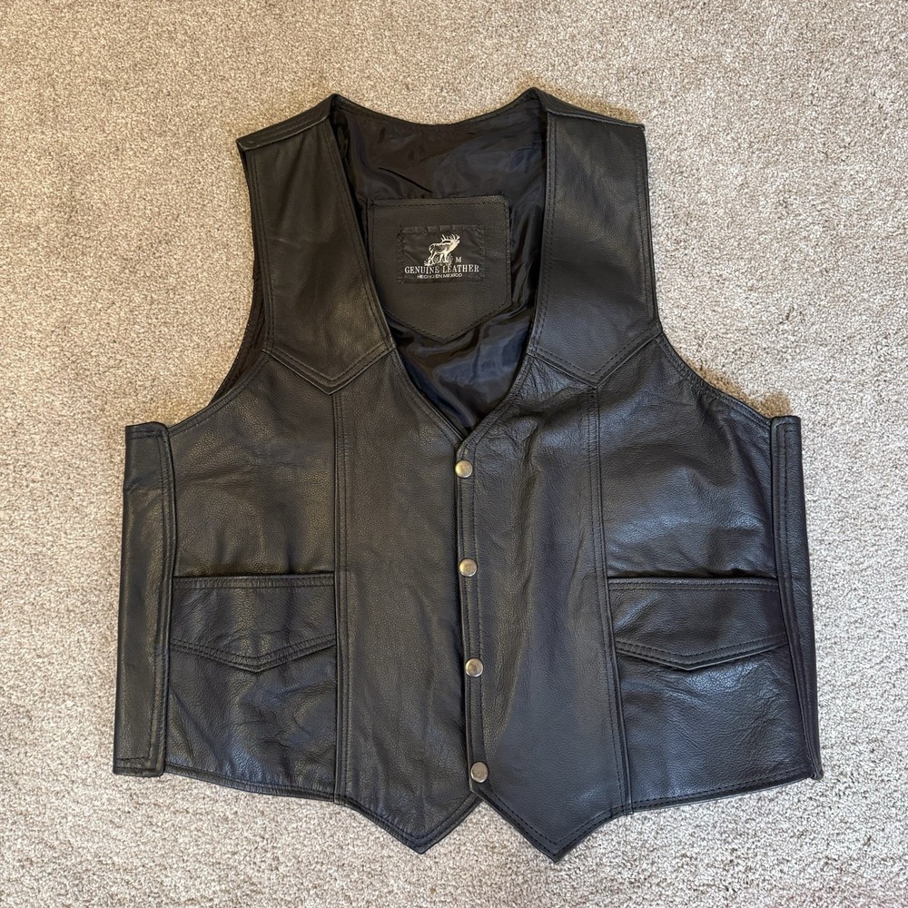 Genuine Leather Men's Black Leather Vest MEDIUM Pockets Snaps Western